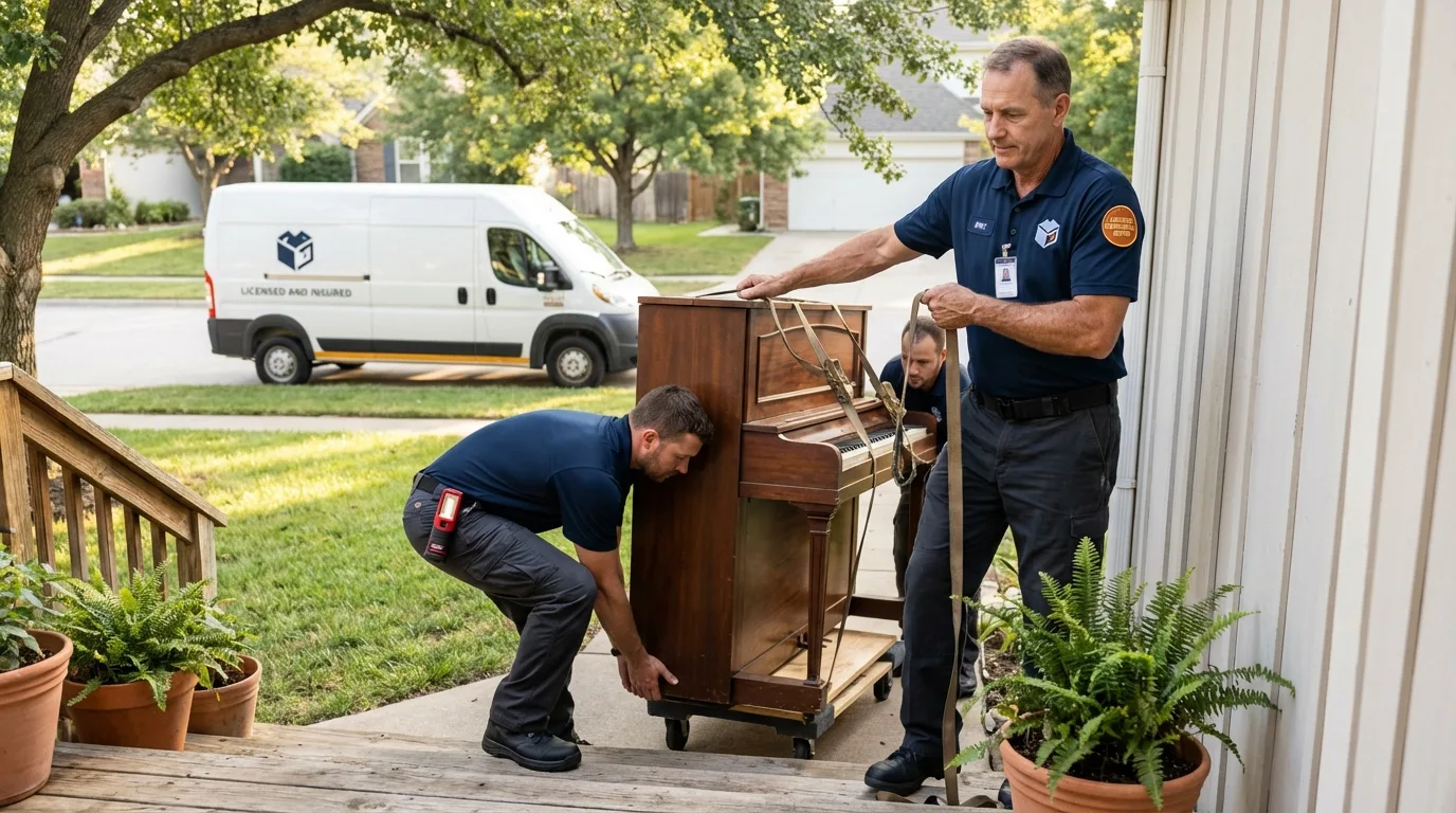 Licensed piano movers securing grand piano in Phoenix, OR
