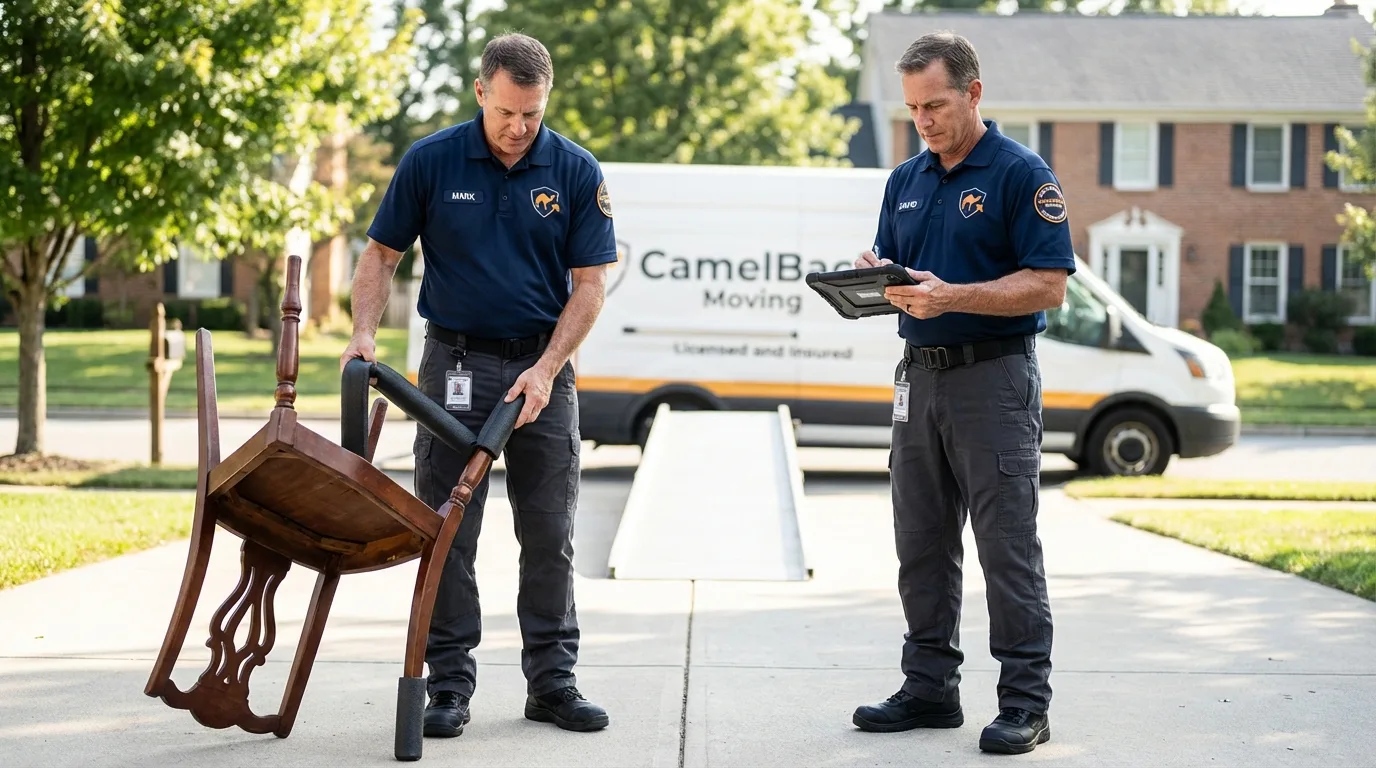 Movers inspecting furniture for damage prevention before loading in Phoenix, OR