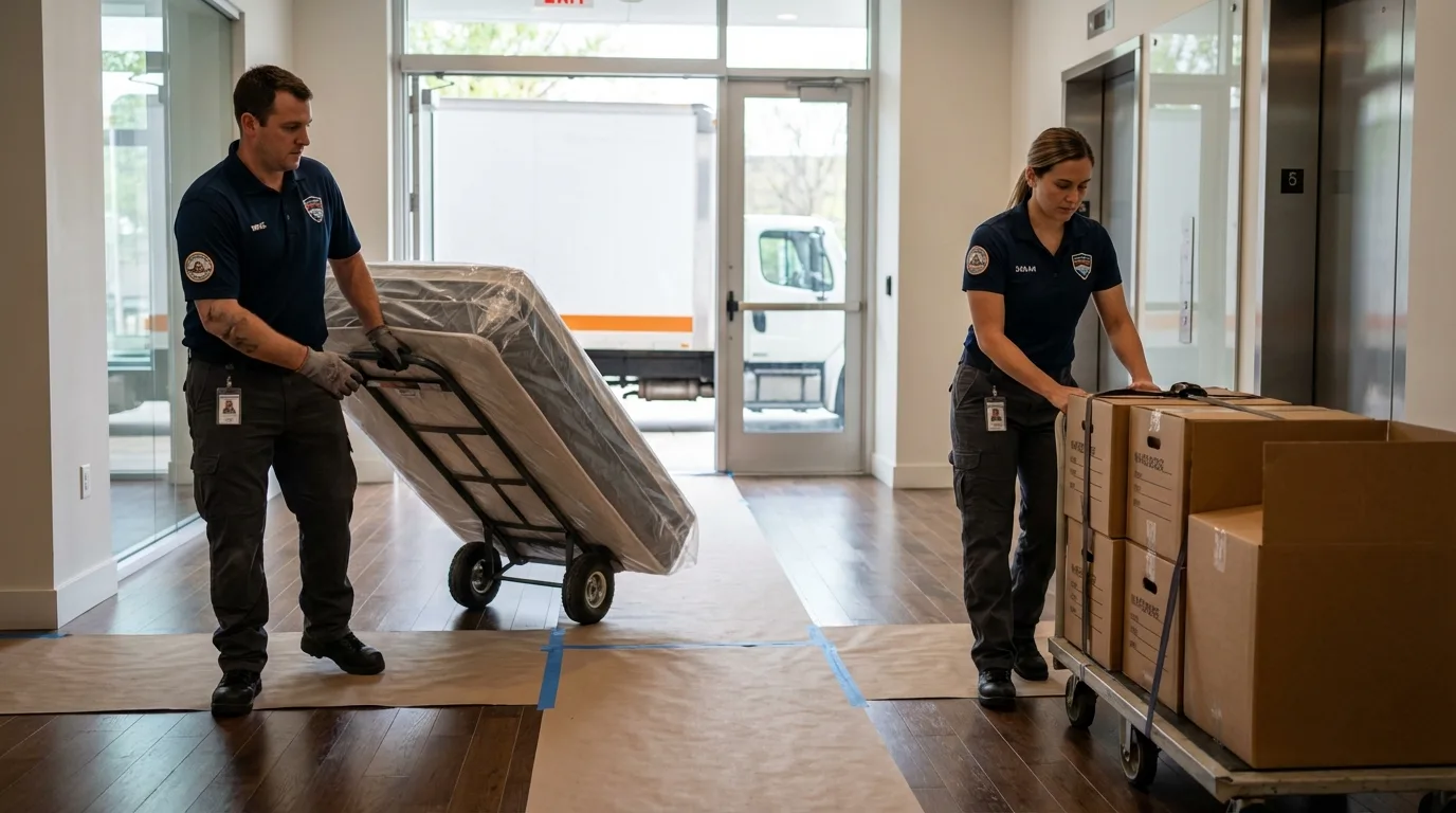 Professional apartment movers loading elevator in Phoenix, OR